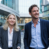 Business colleagues walking outdoors in suits near modern office buildings.