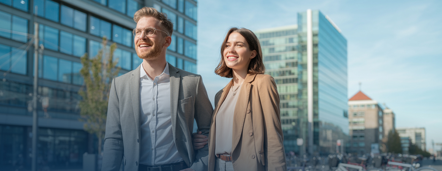 Business professionals walking in a city, possibly related to visa or residency permit matters.